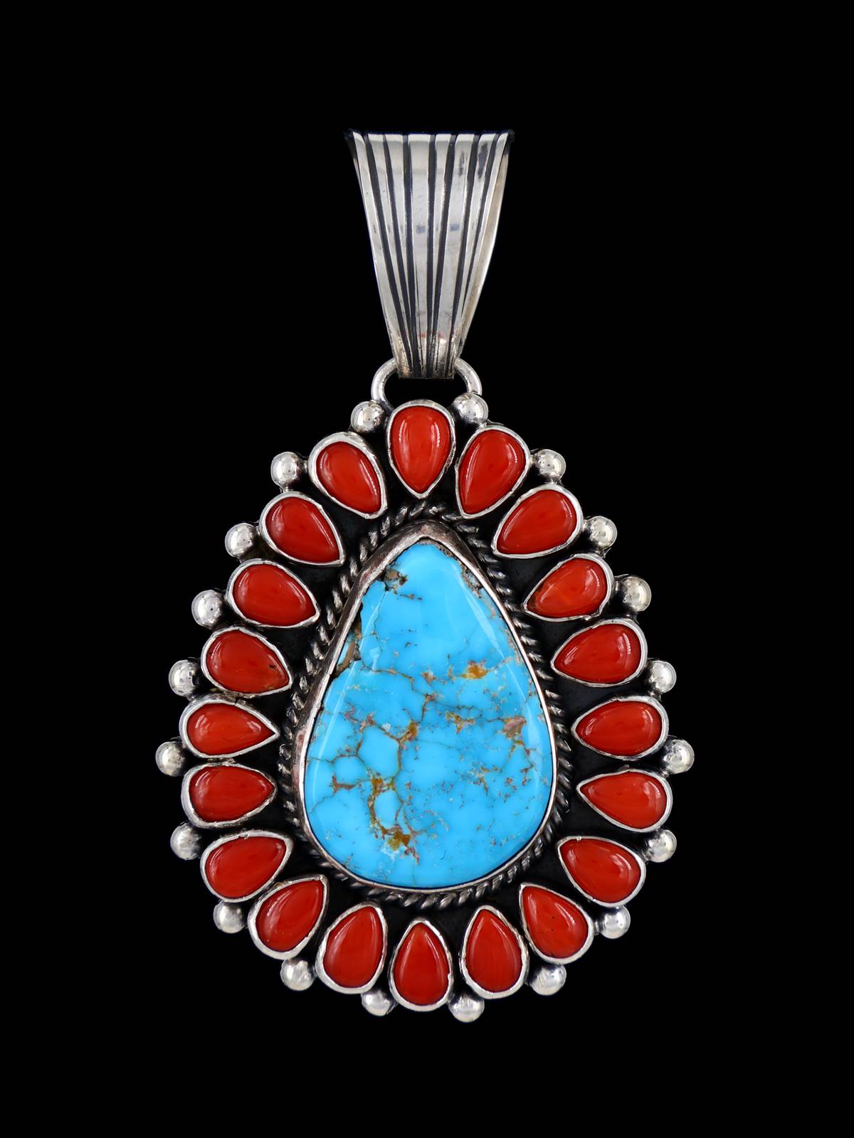 Navajo Sterling Silver Kingman Turquoise and Coral Cluster Pendant - PuebloDirect.com