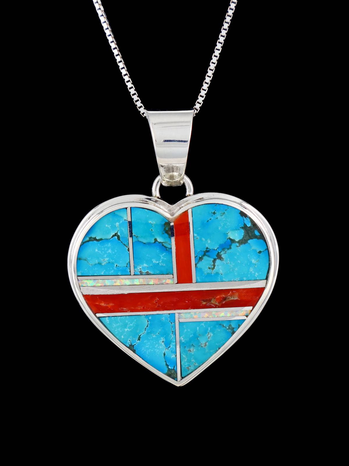 Navajo Turquoise and Coral Inlay Heart Pendant - PuebloDirect.com