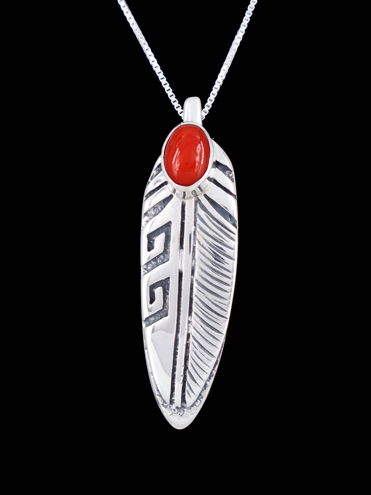 Navajo Sterling Silver Coral Feather Pendant - PuebloDirect.com