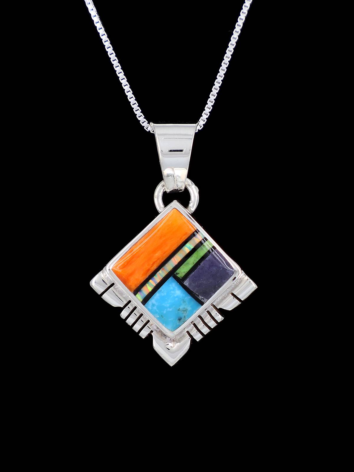 Navajo Inlay Turquoise and Spiny Oyster Sterling Silver Pendant - PuebloDirect.com