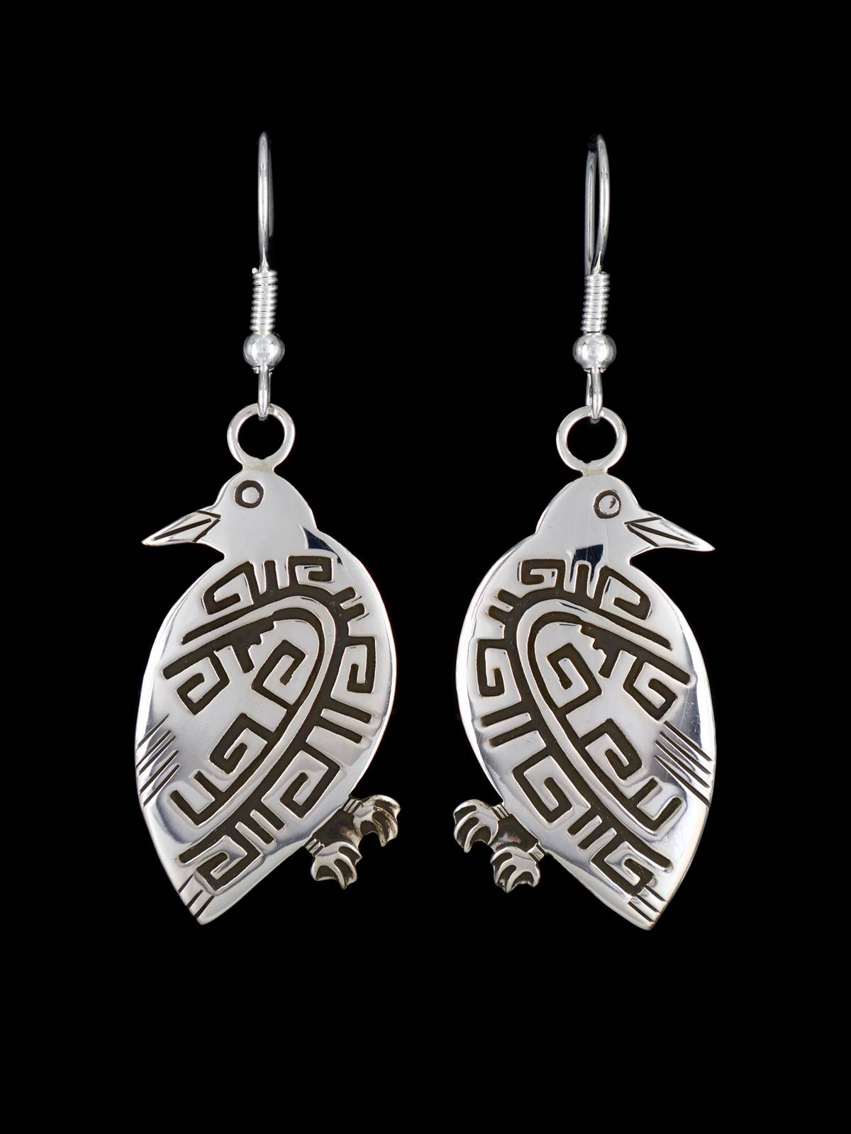 Navajo Hopi Style Overlay Sterling Silver Dangle Quail Earrings - PuebloDirect.com
