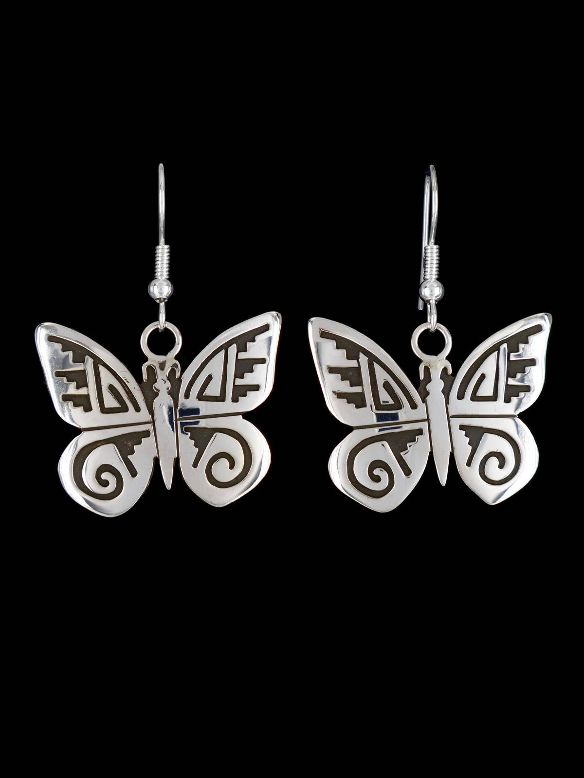 Navajo Hopi Style Overlay Sterling Silver Dangle Butterfly Earrings - PuebloDirect.com