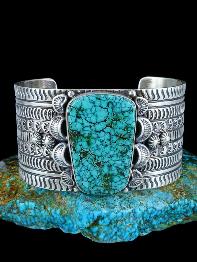 Navajo Natural Sky Horse Turquoise Sterling Silver Wide Cuff Bracelet - PuebloDirect.com
