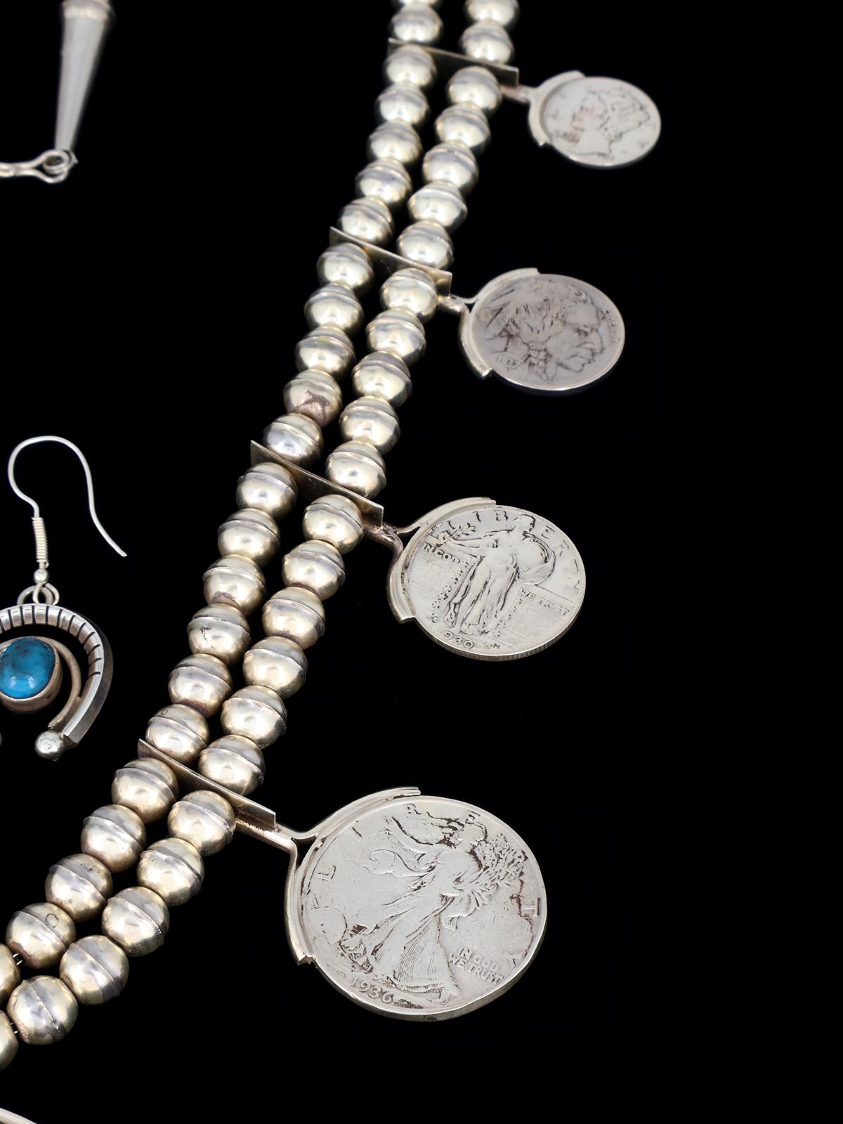 Estate Navajo Natural Bisbee Turquoise Sterling Silver Squash Blossom Necklace Set - PuebloDirect.com