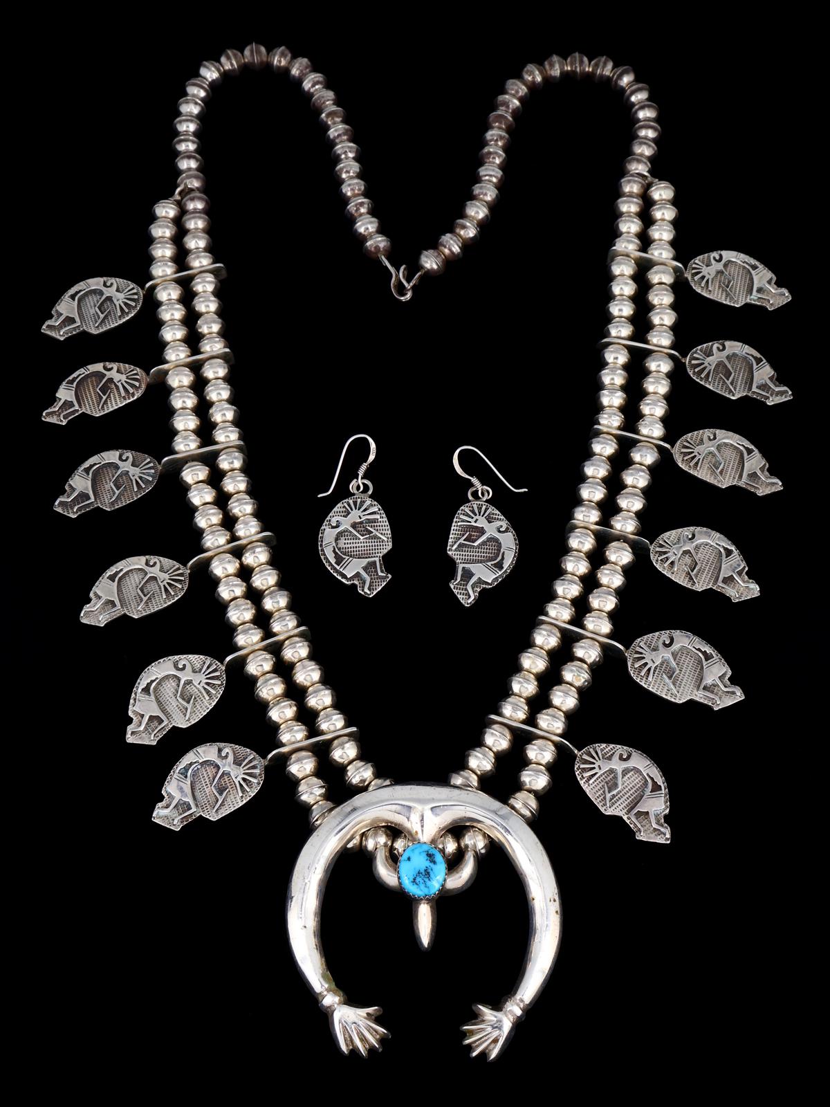 Estate Navajo Sleeping Beauty Turquoise Sterling Silver Squash Blossom Necklace Set - PuebloDirect.com