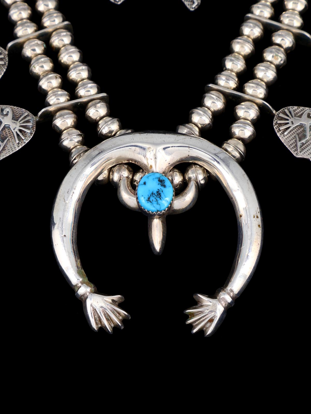 Estate Navajo Sleeping Beauty Turquoise Sterling Silver Squash Blossom Necklace Set - PuebloDirect.com