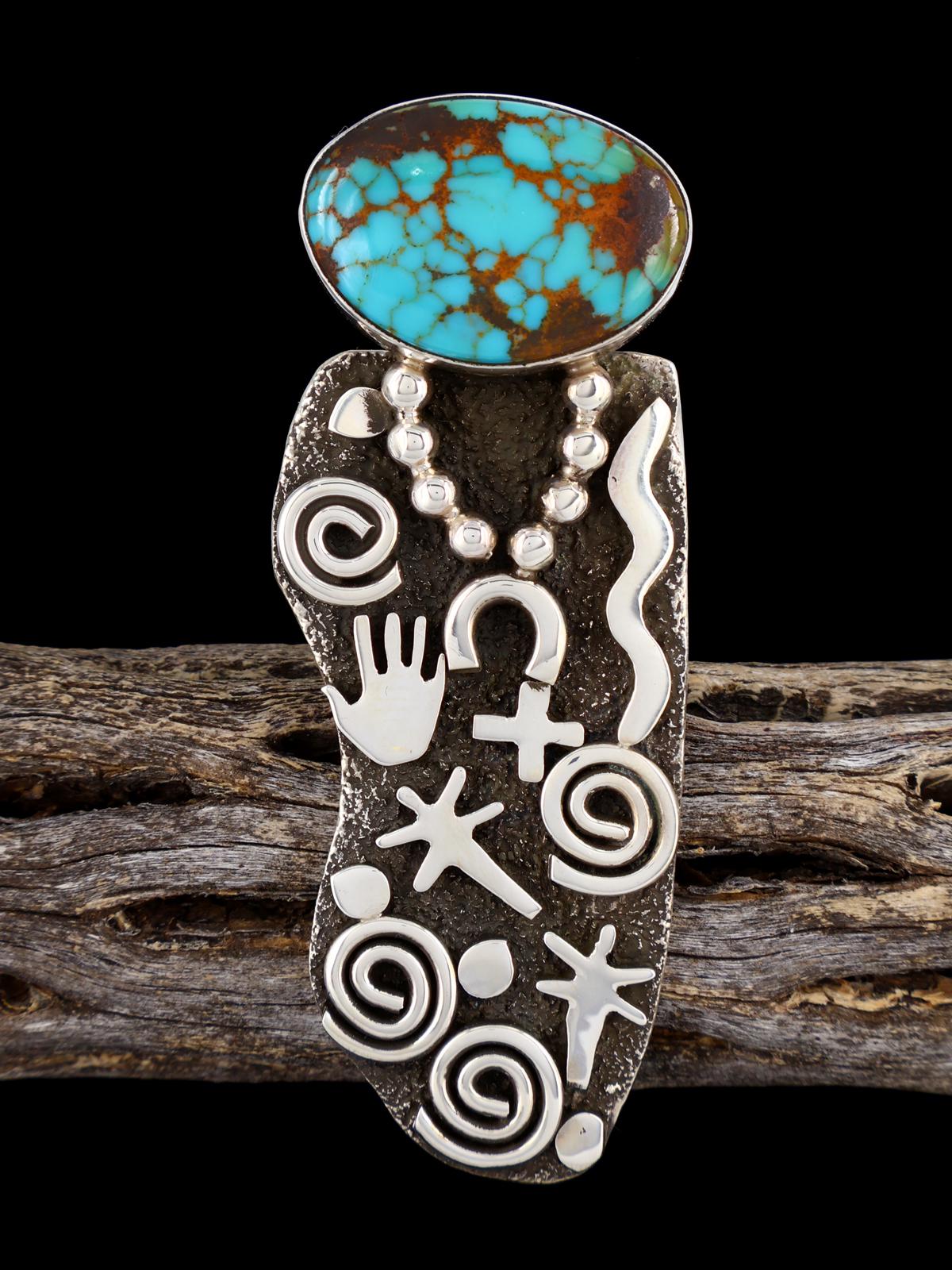 Navajo Kingman Turquoise Petroglyph Ring, Size 8 - PuebloDirect.com