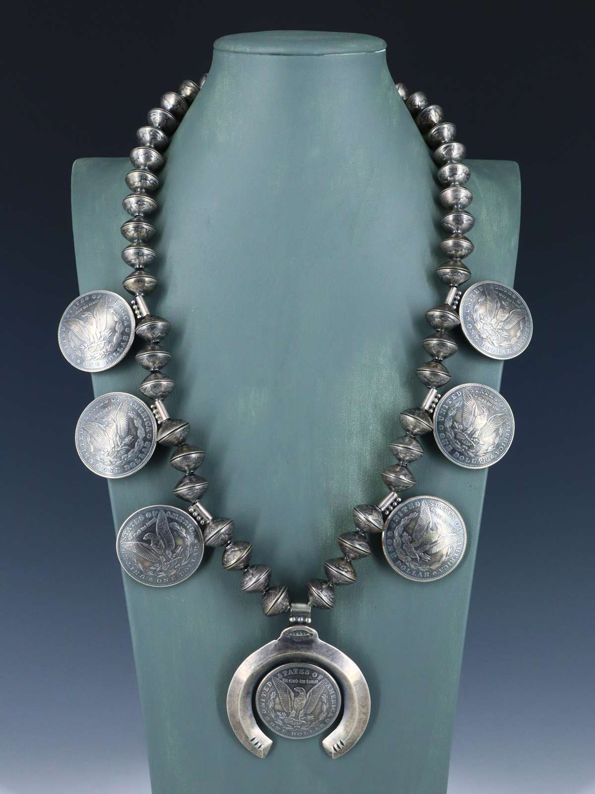 Native American Jewelry Morgan Silver Dollar Squash Blossom Necklace