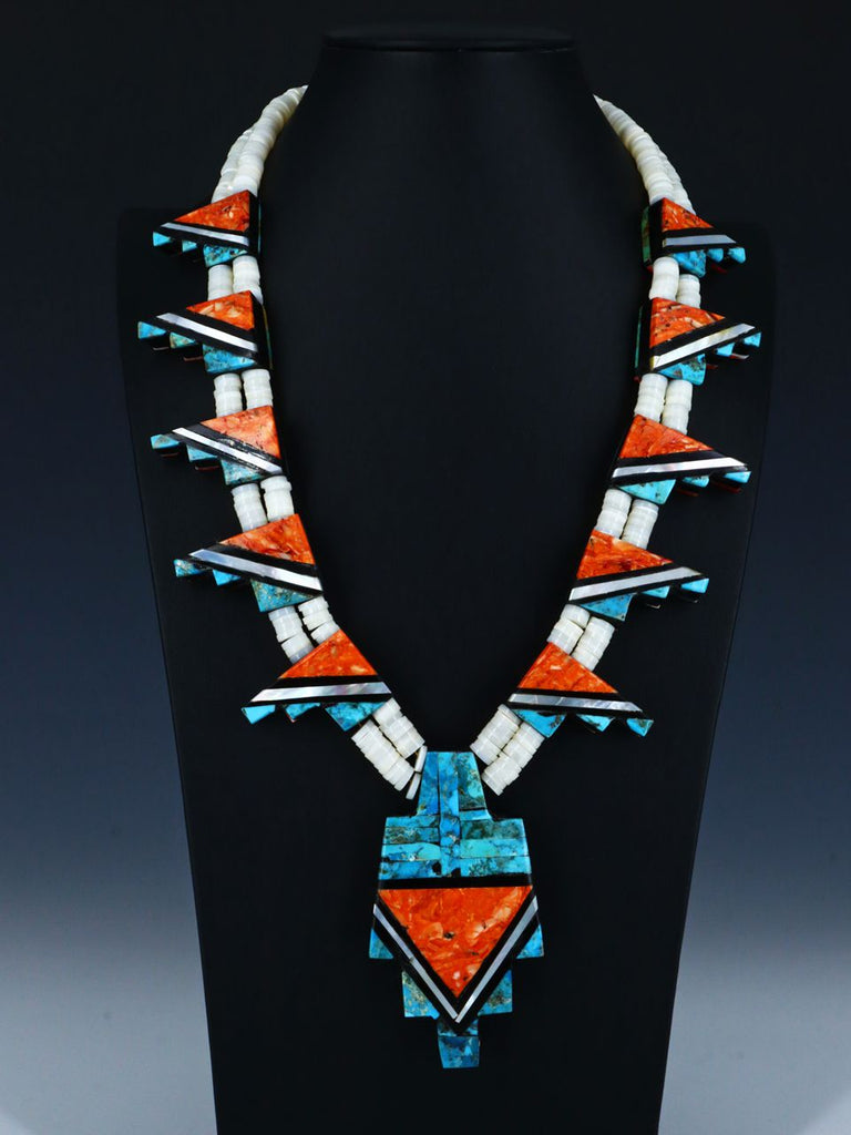 Native American Santo Domingo Mother of Pearl Reversible Mosaic Necklace - PuebloDirect.com