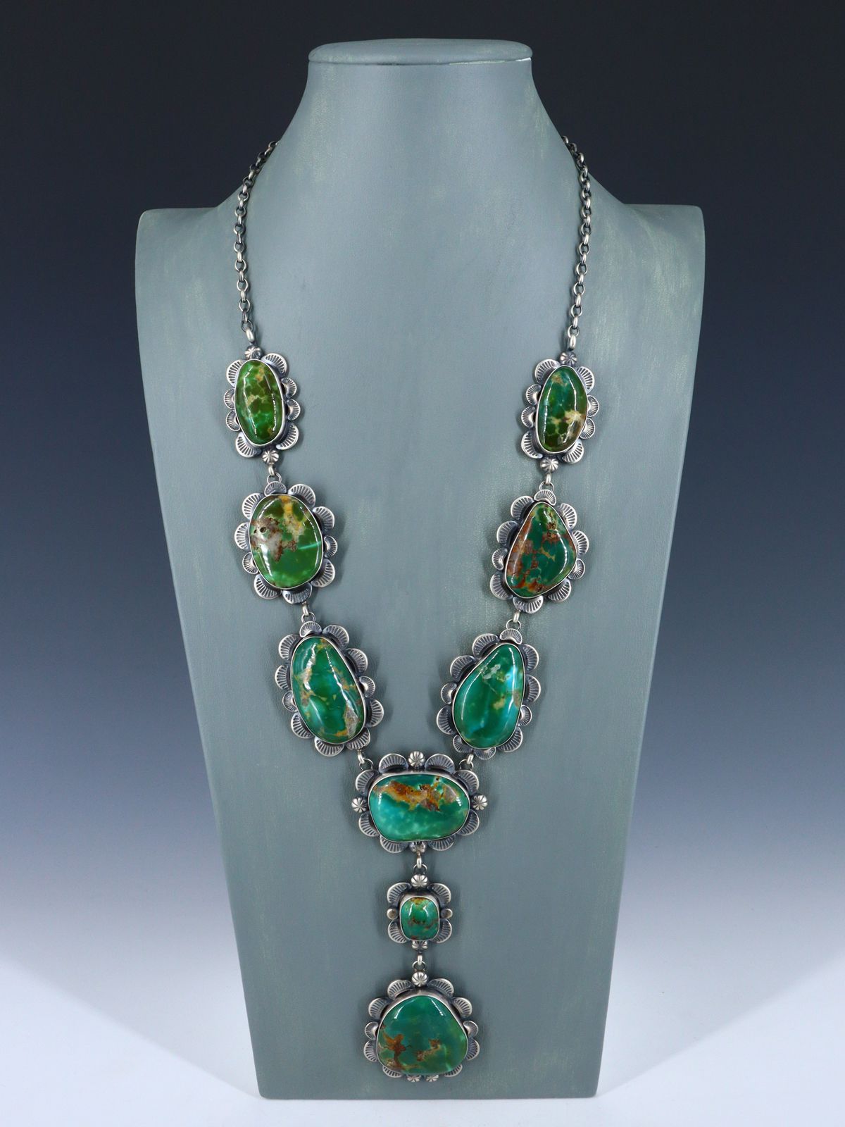 Navajo Sterling Silver Hardy Pit Kingman Turquoise Lariat Necklace - PuebloDirect.com