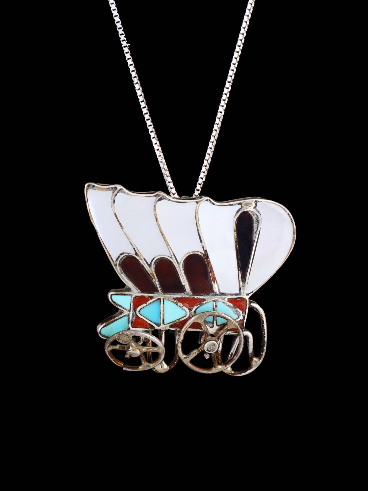 Vintage Old Zuni Inlay Covered Wagon Pin Brooch - PuebloDirect.com