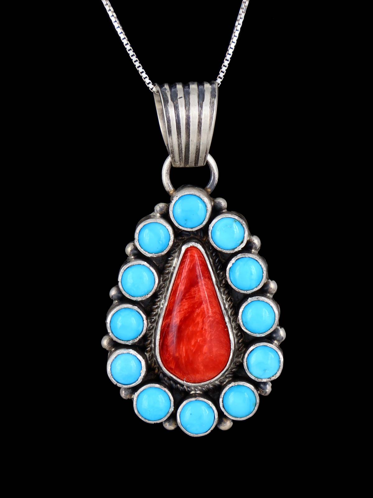 Navajo Sleeping Beauty Turquoise and Spiny Oyster Cluster Pendant - PuebloDirect.com