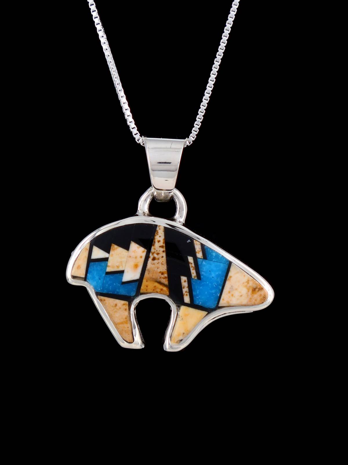 Navajo Sterling Silver Multistone Inlay Bear Pendant - PuebloDirect.com