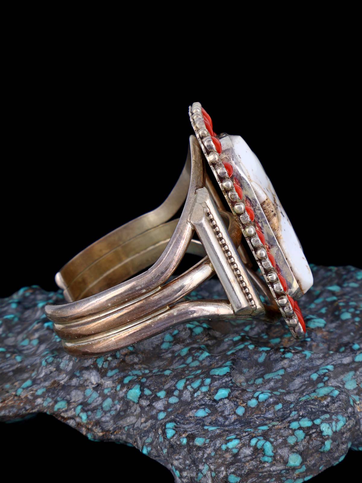 Estate Navajo Coral and White Buffalo Bracelet and Size 6 Ring Set - PuebloDirect.com