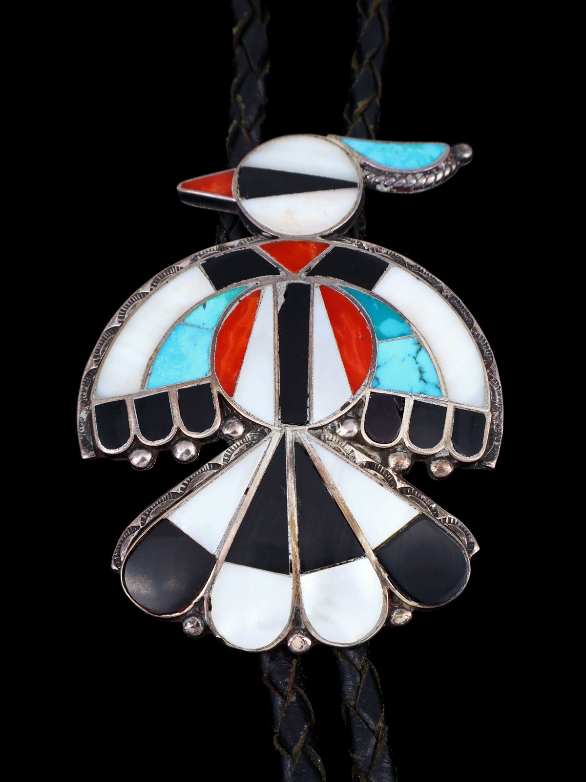 Vintage Zuni Sterling Silver Inlay Thunderbird Bolo Tie