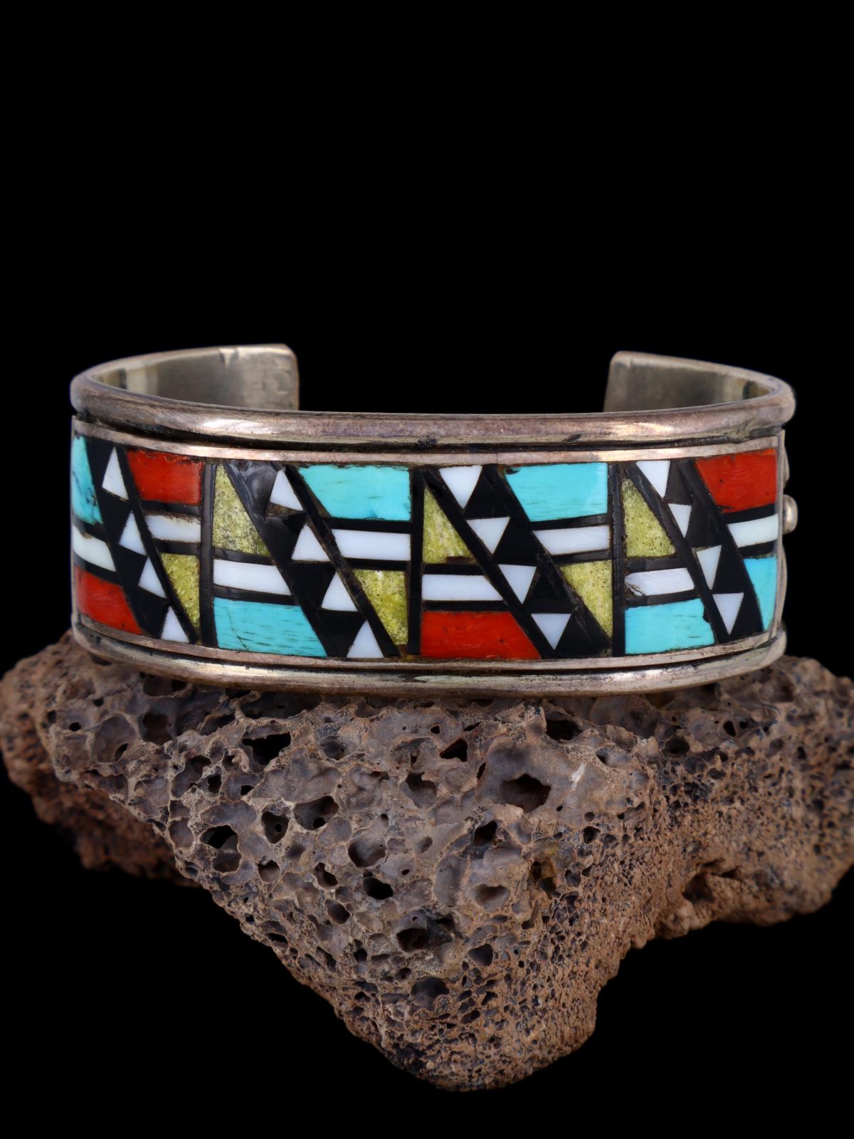 Vintage Old Zuni Inlay Sterling Silver Cuff Bracelet - PuebloDirect.com
