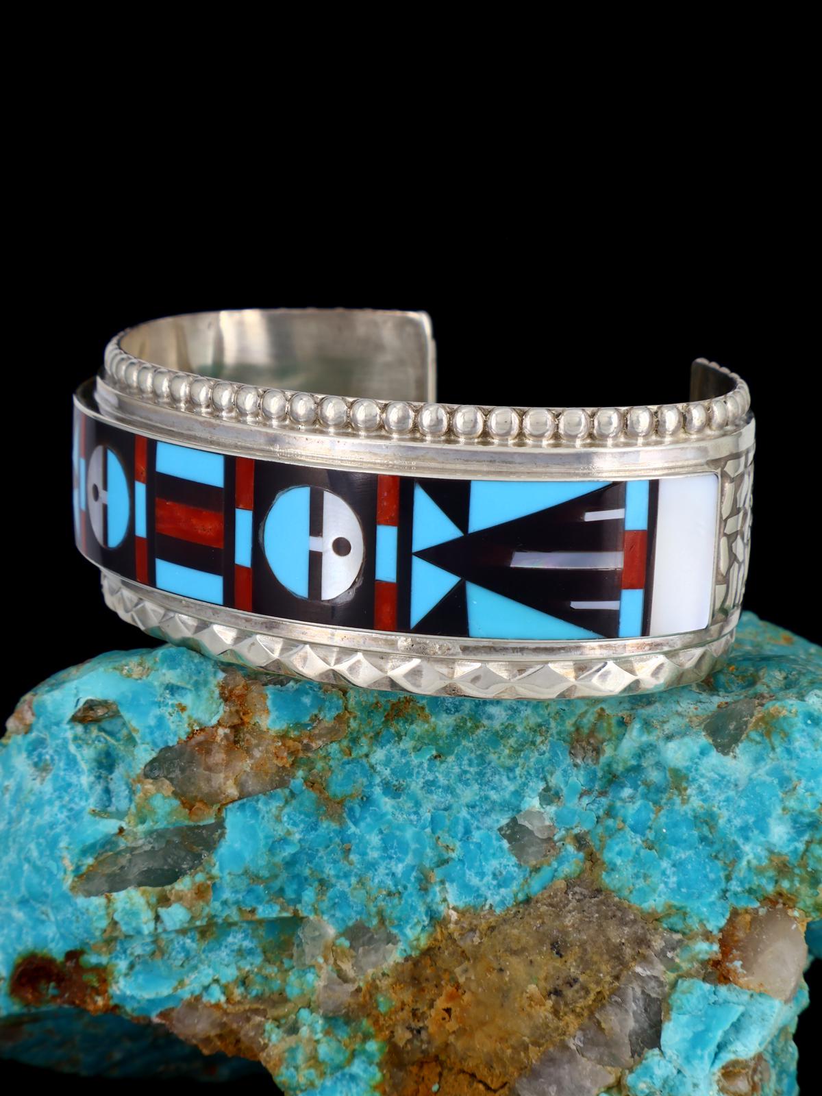 Vintage Old Zuni Inlay Sterling Silver Cuff Bracelet - PuebloDirect.com