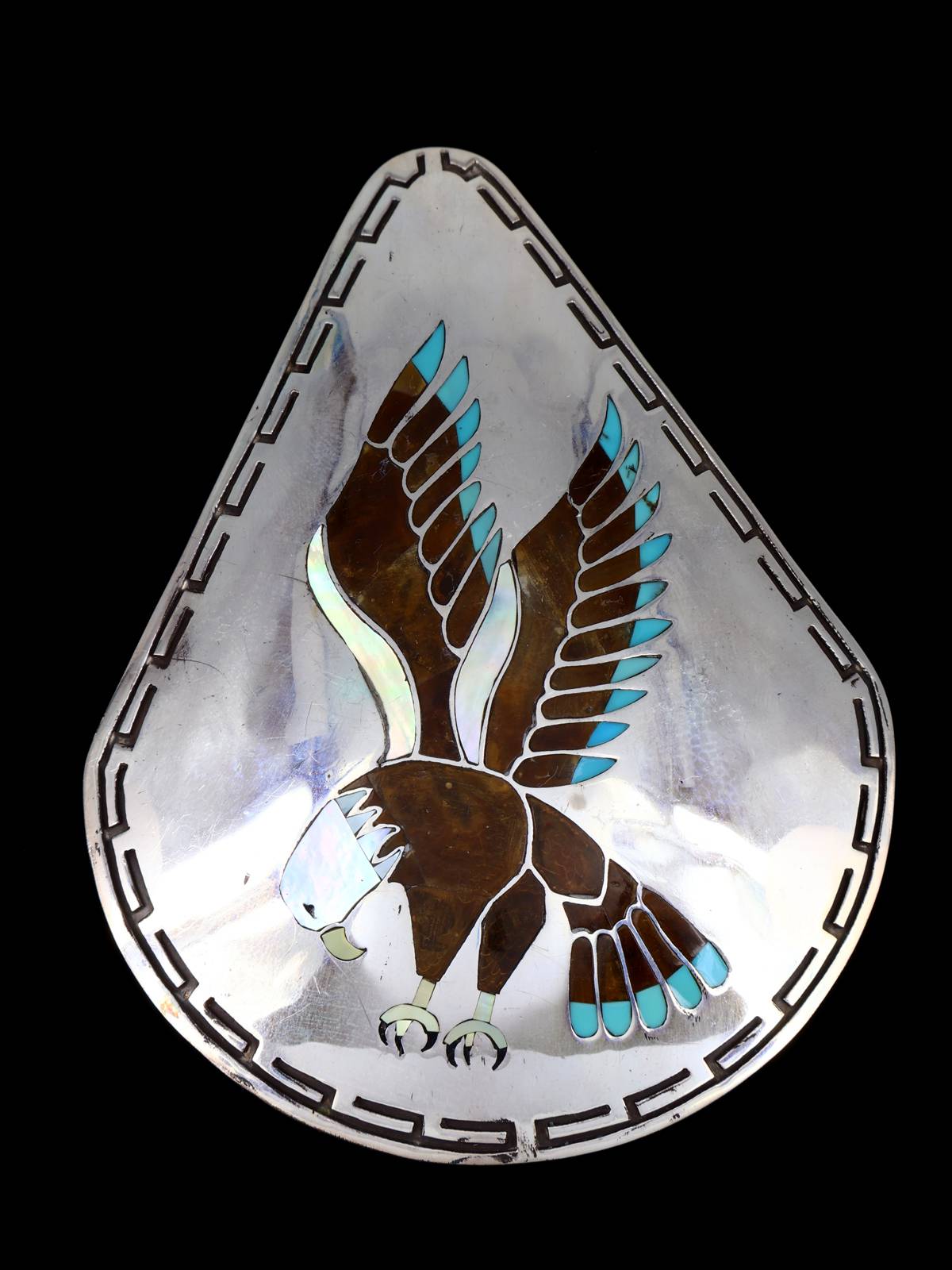 Vintage Estate Navajo Inlaid Bald Eagle Large Sterling Silver Pendant - PuebloDirect.com