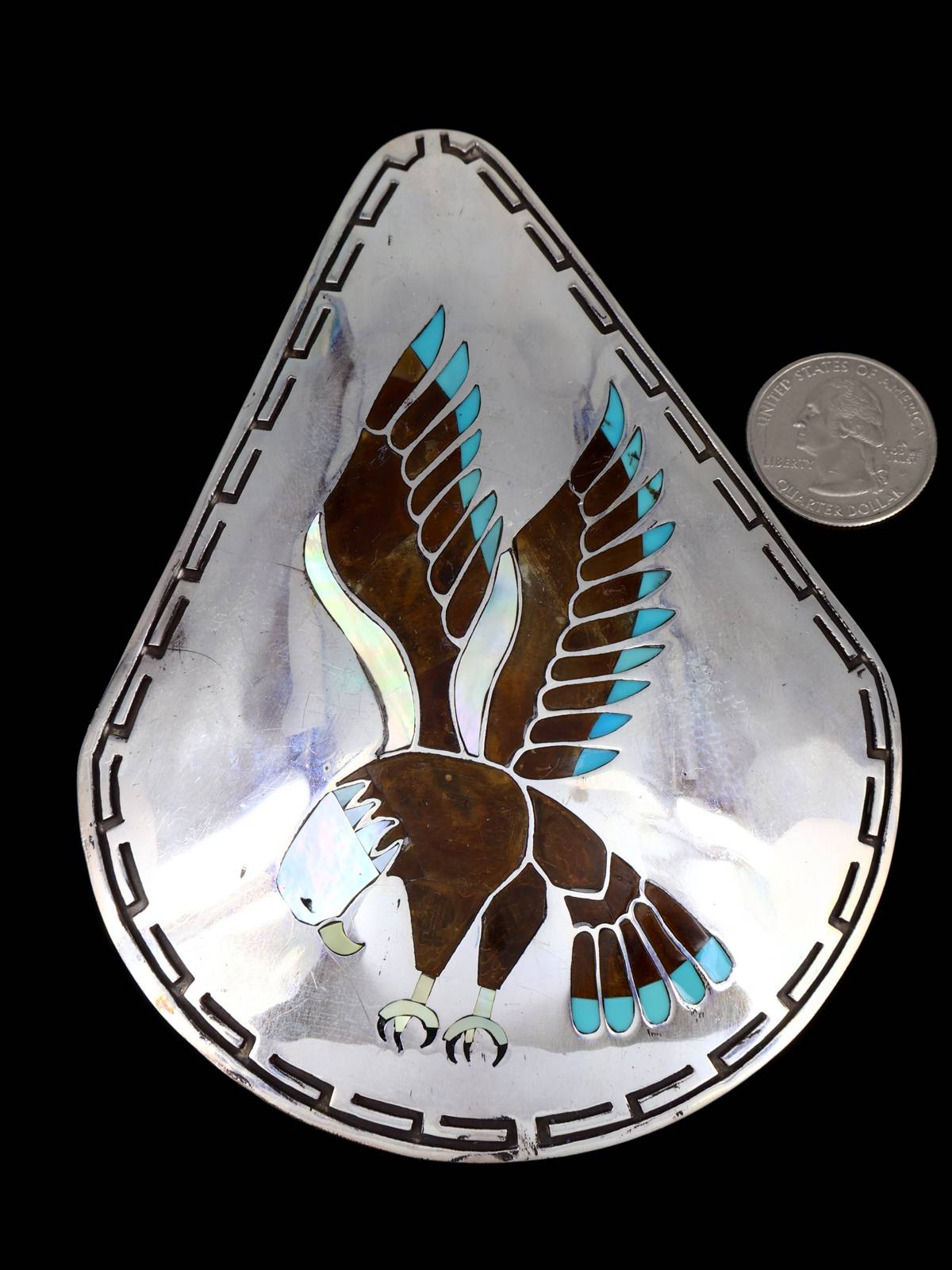 Vintage Estate Navajo Inlaid Bald Eagle Large Sterling Silver Pendant - PuebloDirect.com