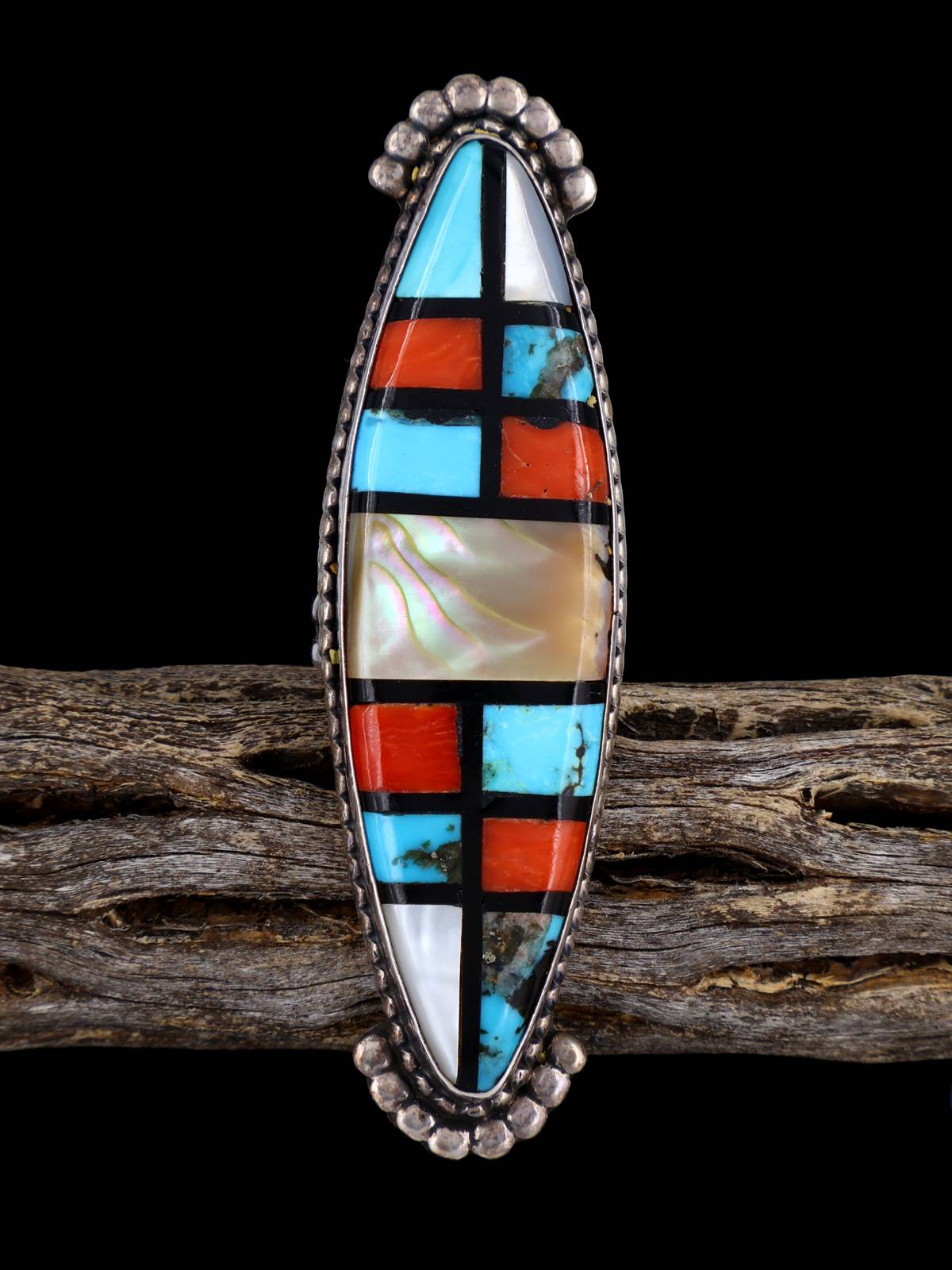 Old Sterling Silver Multistone Zuni Inlay Ring, Size 7 1/4 - PuebloDirect.com