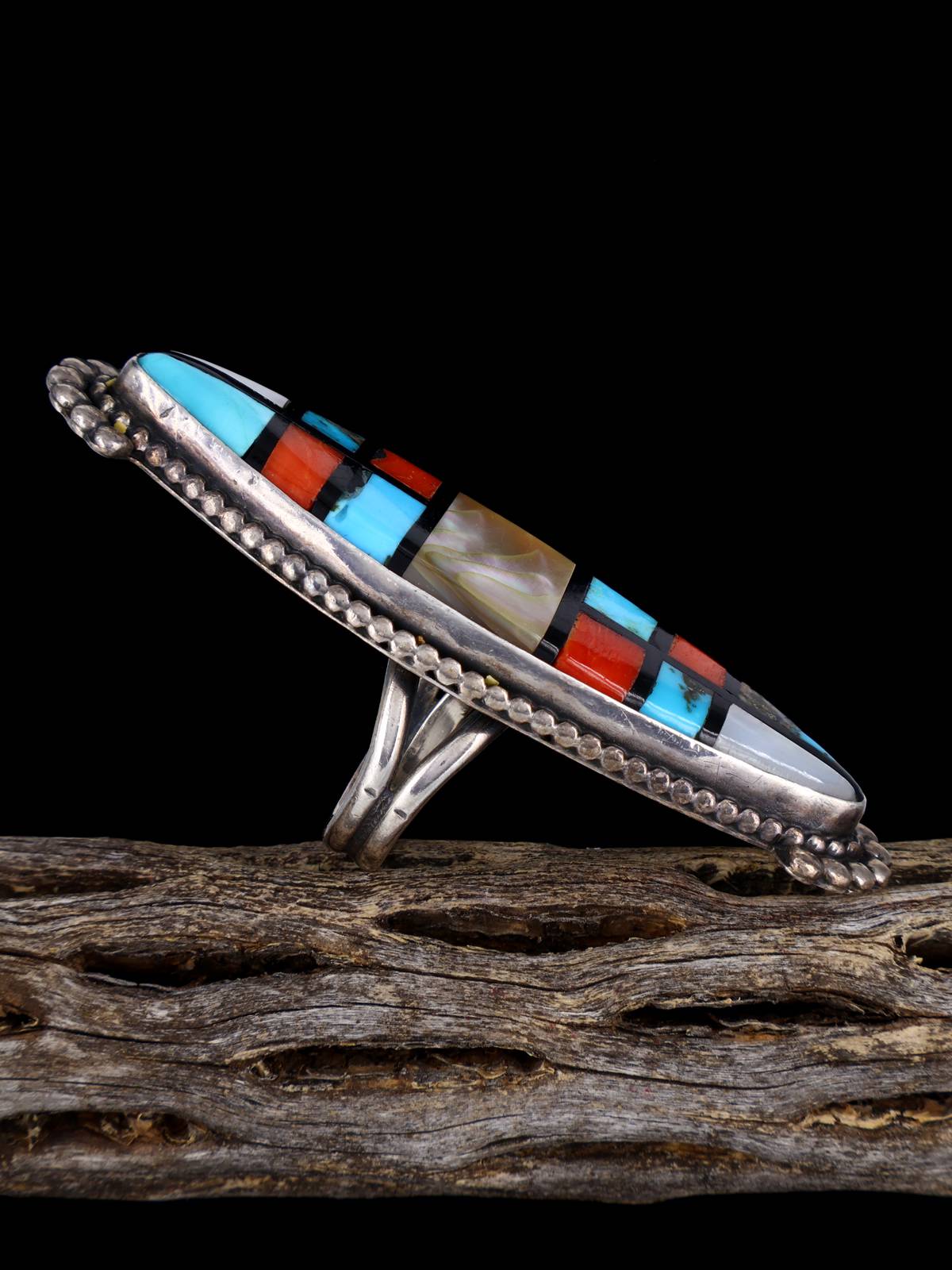 Old Sterling Silver Multistone Zuni Inlay Ring, Size 7 1/4 - PuebloDirect.com