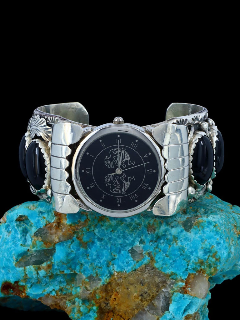 Old Native Jewelry Onyx Sterling Silver Cuff Watch - PuebloDirect.com