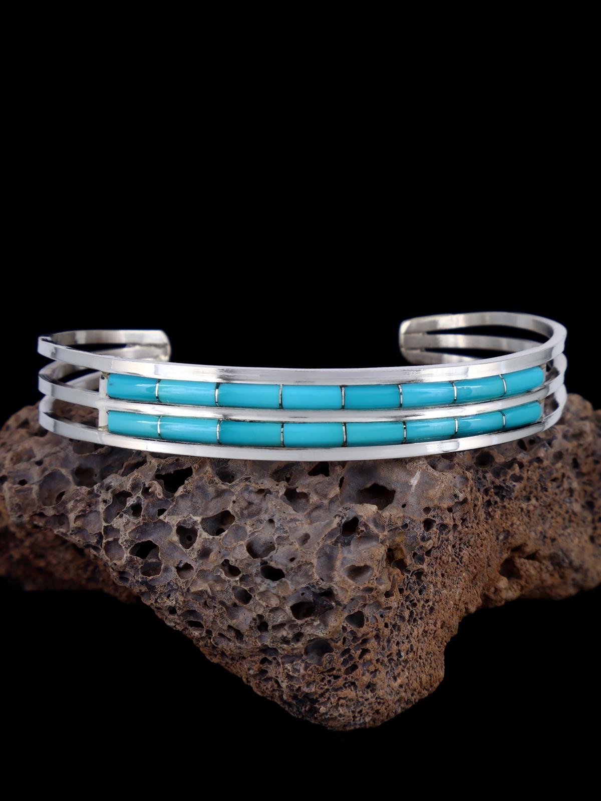 Native American Zuni Double Row Turquoise Inlay Bracelet - PuebloDirect.com