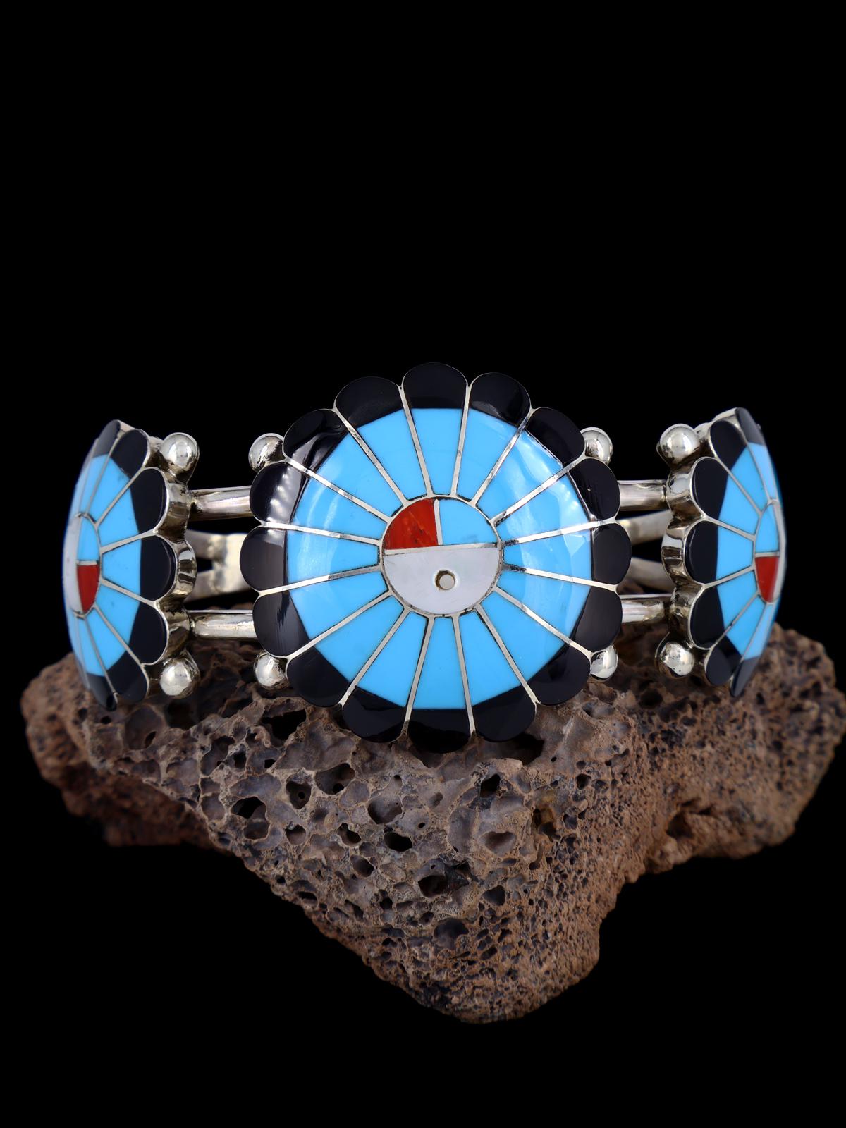 Native American Jewelry Zuni Inlay Sunface Cuff Bracelet - PuebloDirect.com
