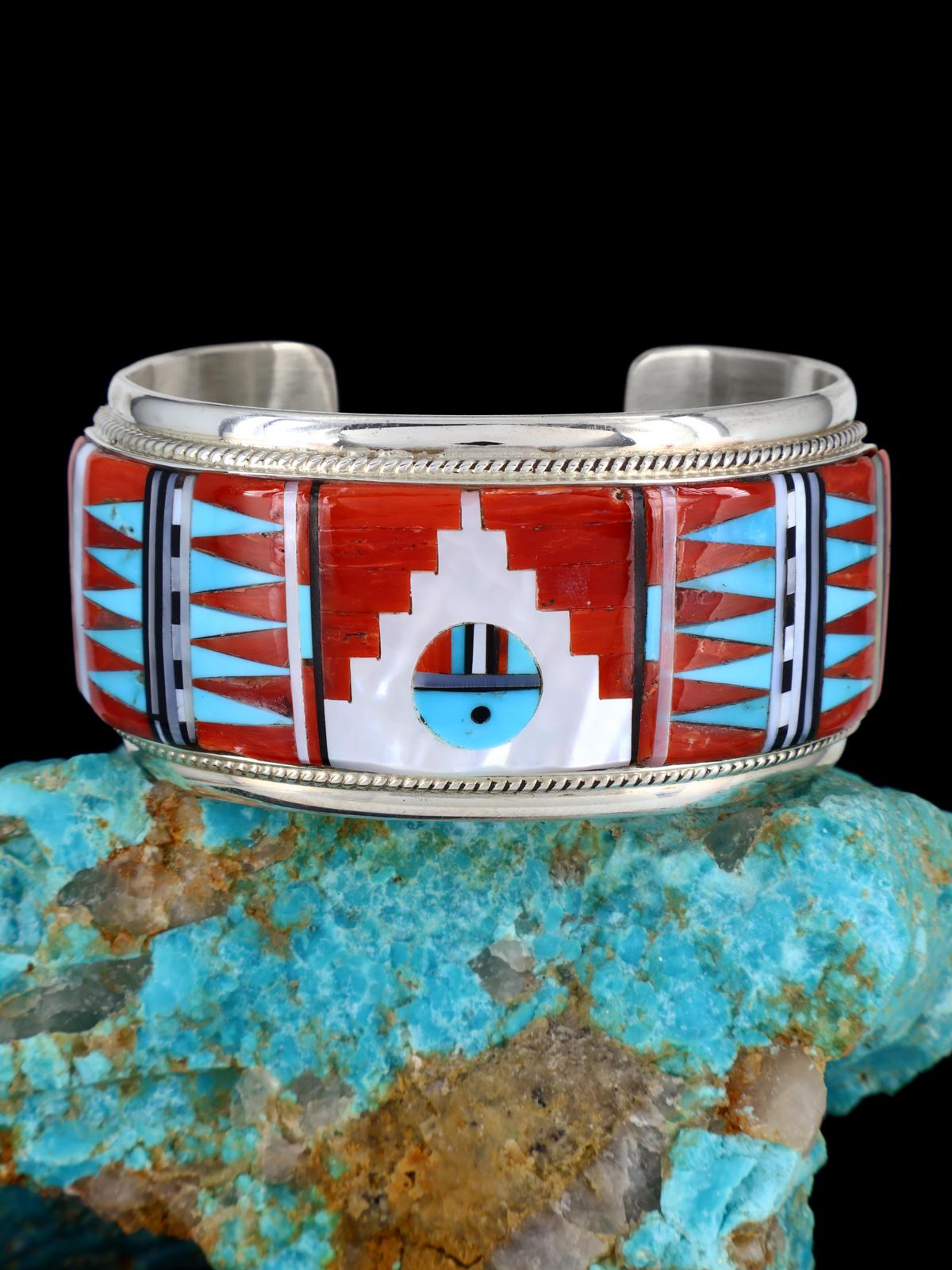 Sterling Silver Zuni Coral and Mother of Pearl Inlay Sunface Bracelet - PuebloDirect.com