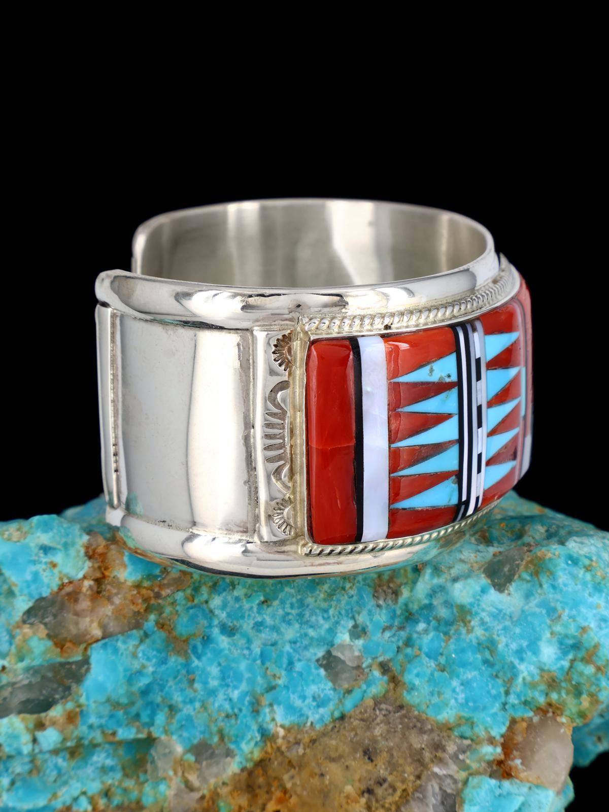 Sterling Silver Zuni Coral and Mother of Pearl Inlay Sunface Bracelet - PuebloDirect.com