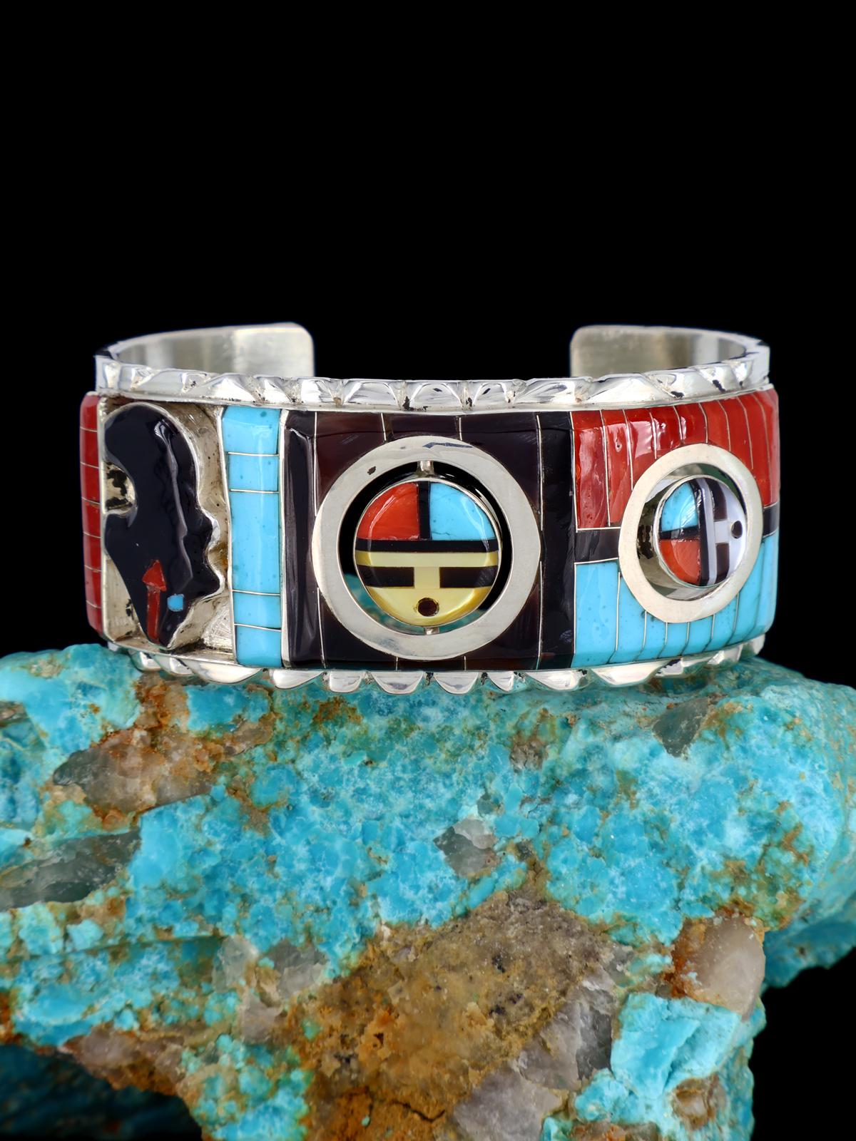 Sterling Silver Zuni Turquoise and Coral Inlay Sunface Bracelet - PuebloDirect.com