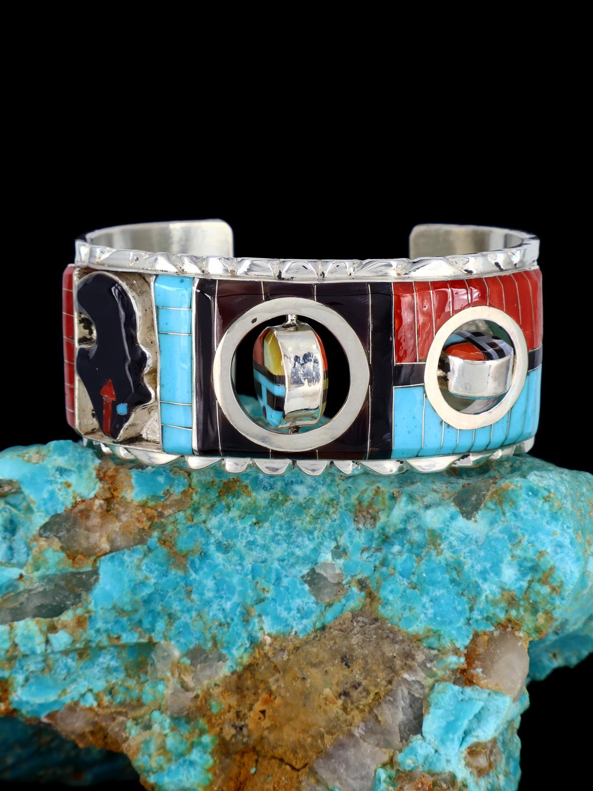 Sterling Silver Zuni Turquoise and Coral Inlay Sunface Bracelet - PuebloDirect.com