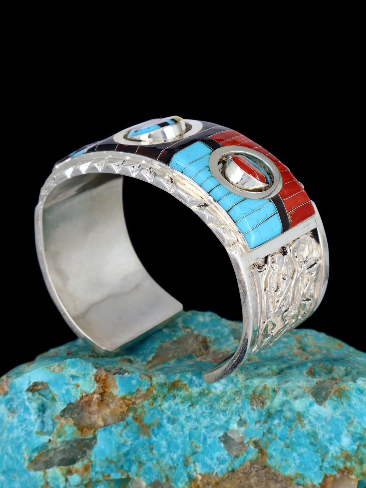 Sterling Silver Zuni Turquoise and Coral Inlay Sunface Bracelet - PuebloDirect.com