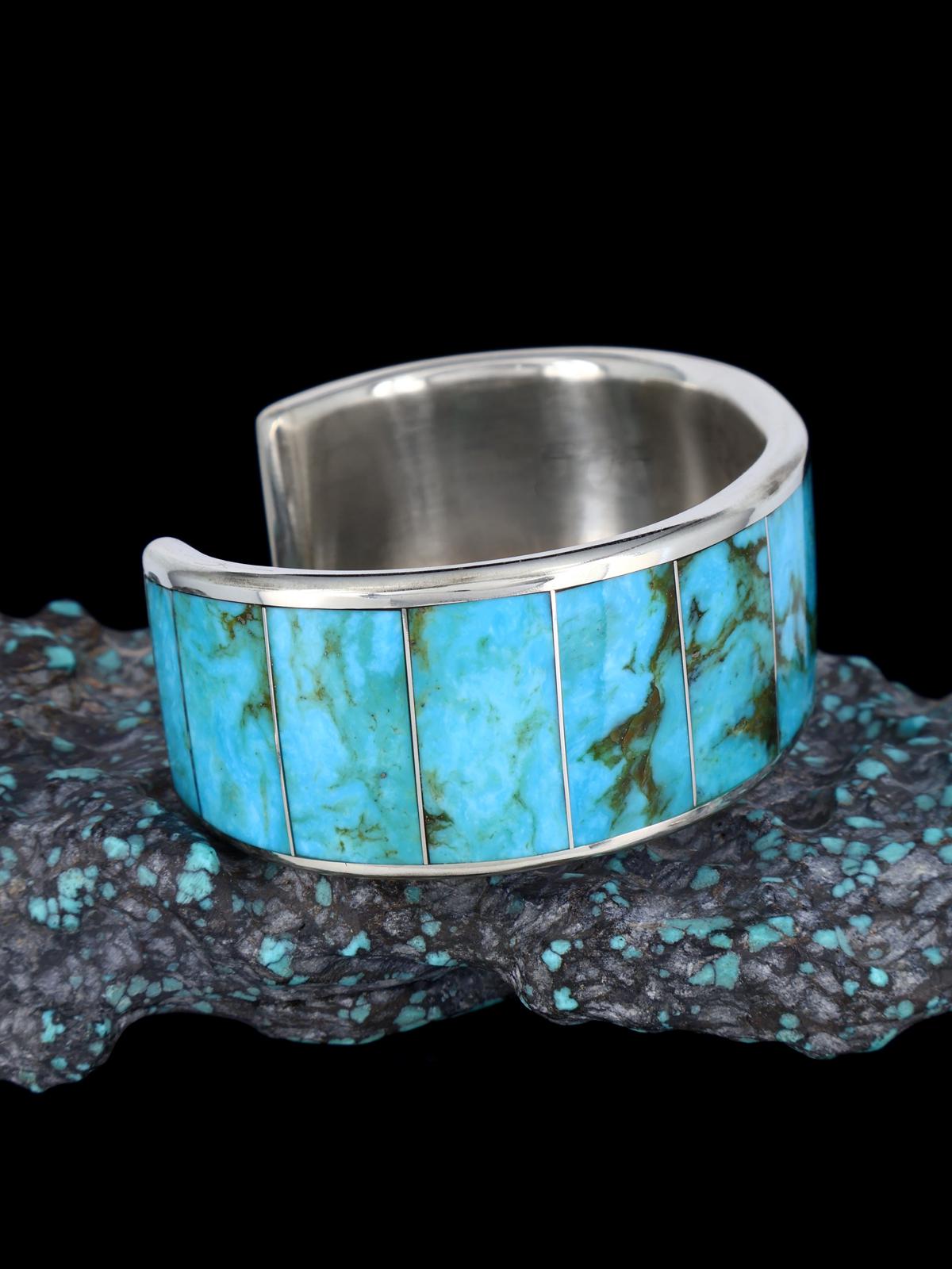 Zuni Inlay Sterling Silver Turquoise Cuff Bracelet - PuebloDirect.com