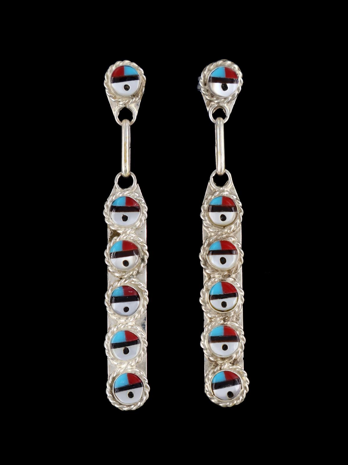 Sterling Silver Zuni Inlay Sunface Post Dangle Earrings - PuebloDirect.com