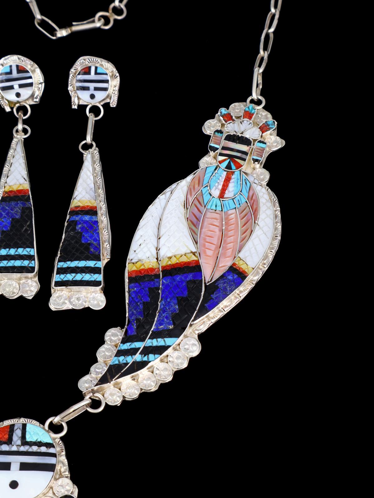 Sterling Silver Zuni Inlay Corn Maiden Necklace and Earrings Set - PuebloDirect.com