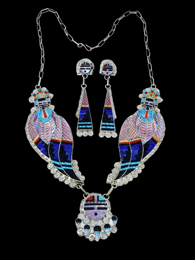 Sterling Silver Zuni Inlay Sunface Kachina Necklace and Earrings Set - PuebloDirect.com