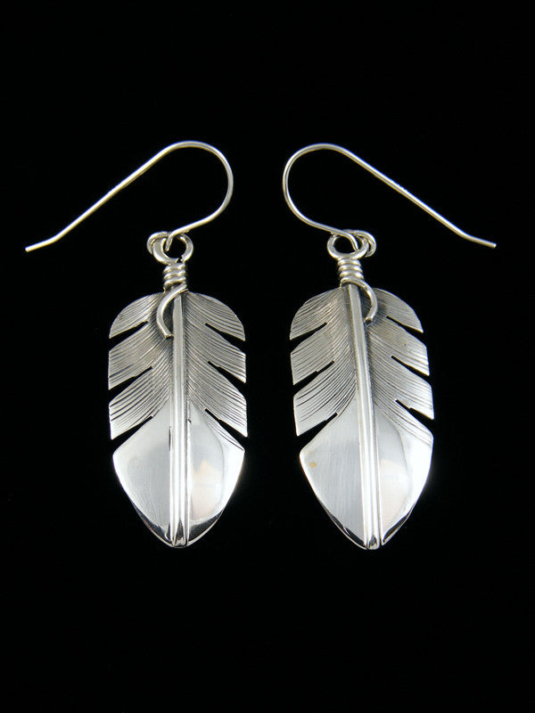 Navajo Sterling Silver Dangle Feather Earrings - PuebloDirect.com