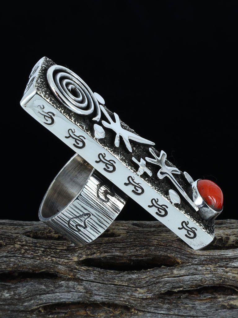 Coral Sterling Silver Petroglyph Ring, Size 8 - PuebloDirect.com