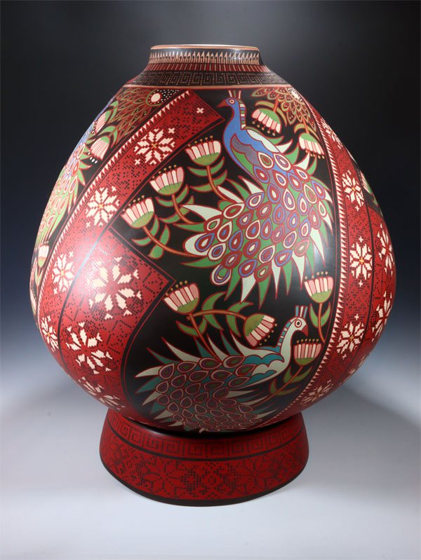Extra Large Mata Ortiz Hand Coiled Peacock Pottery Olla - PuebloDirect.com