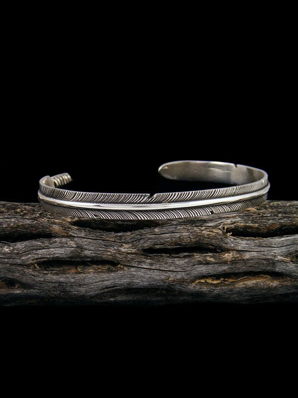 Medium Navajo Hand Cut Sterling Silver Feather Bracelet - PuebloDirect.com