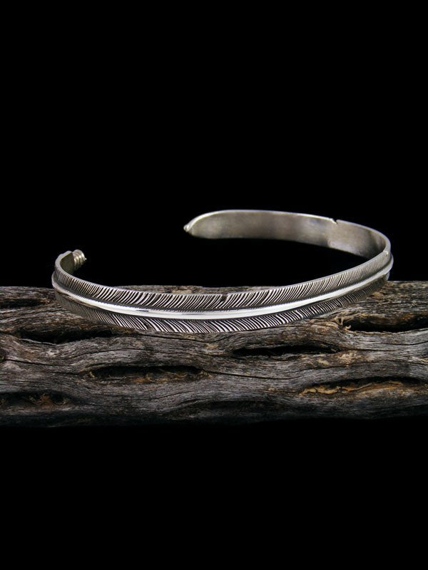 Large Navajo Hand Cut Sterling Silver Feather Bracelet - PuebloDirect.com
