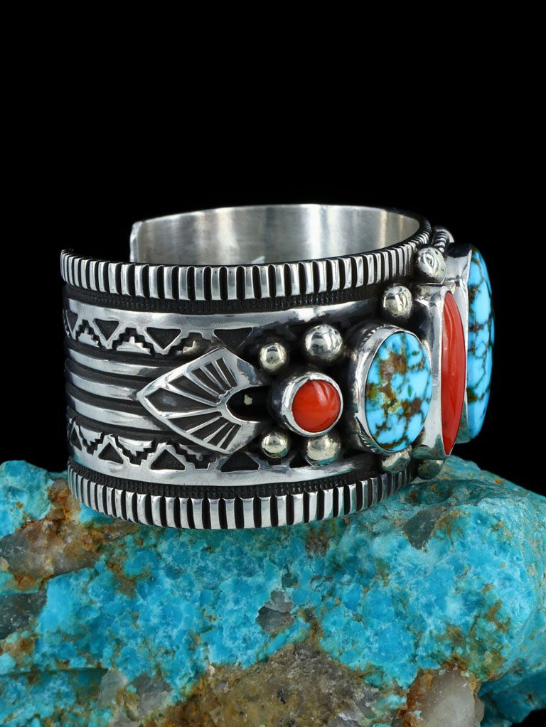 Native American Jewelry Coral and Kingman Turquoise Bracelet - PuebloDirect.com