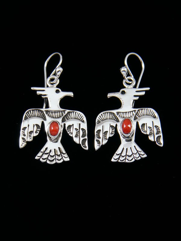 Navajo Sterling Silver Coral Thunderbird Dangle Earrings - PuebloDirect.com