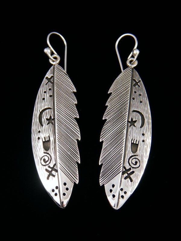 Navajo Sterling Silver Petroglyph Dangle Feather Earrings - PuebloDirect.com