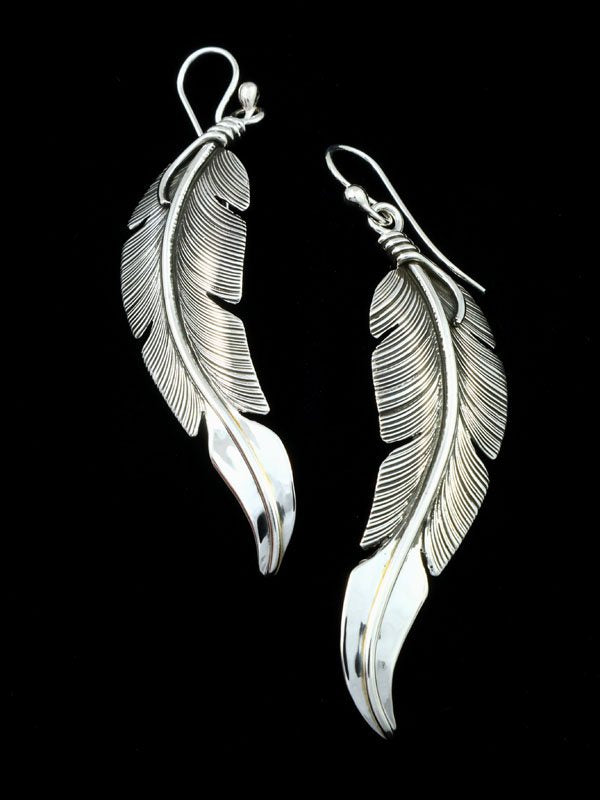 Navajo Sterling Silver Dangle Feather Earrings - PuebloDirect.com
