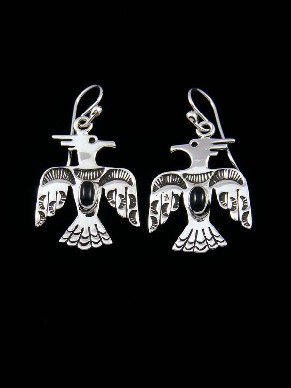 Navajo Onyx Sterling Silver Dangle Thunderbird Earrings - PuebloDirect.com