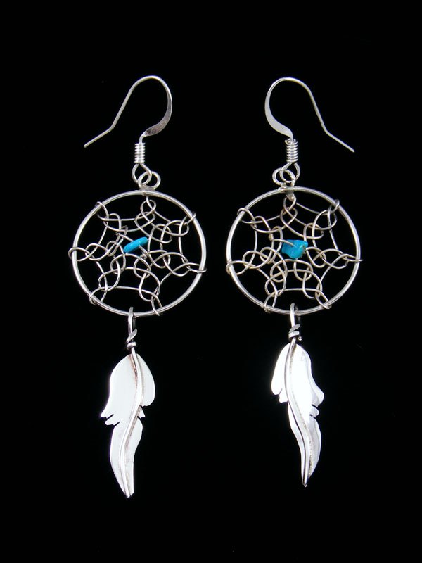 Navajo Sterling Silver Dreamcatcher Feather Dangle Earrings - PuebloDirect.com