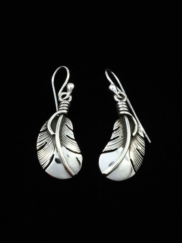 Navajo Sterling Silver Dangle Feather Earrings - PuebloDirect.com