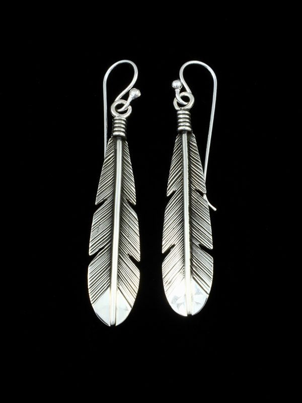 Navajo Sterling Silver Dangle Feather Earrings - PuebloDirect.com